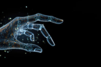 Artificial intelligence hand on dark background Digital hologram Futuristic concept Generative AI
