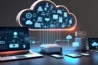 Cloud technology, computing Devices connected to digital storage in the data center via the Internet, IOT, Smart Home Communication laptop, tablet, phone home devices with an online (Generative AI)