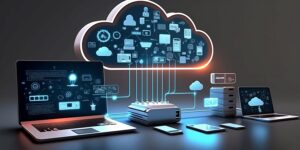 Cloud technology, computing Devices connected to digital storage in the data center via the Internet, IOT, Smart Home Communication laptop, tablet, phone home devices with an online (Generative AI)