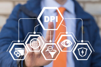 Busunessman using virtual touch screen presses acronym: DPI Concept of DPI Deep Packet Inspection Digital Data Web Control Digital control and surveillance
