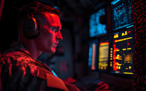 U S Army communication officer operating advanced technology in a tactical environment, wearing military gear and headset, with high tech equipment and dim, strategic lighting