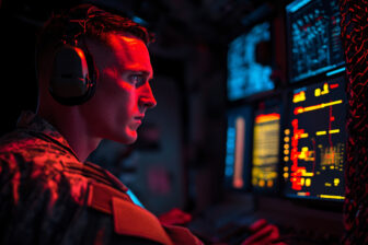 U S Army communication officer operating advanced technology in a tactical environment, wearing military gear and headset, with high tech equipment and dim, strategic lighting