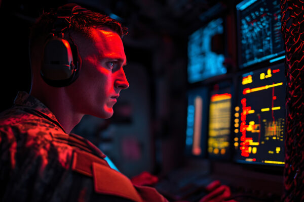 U S Army communication officer operating advanced technology in a tactical environment, wearing military gear and headset, with high tech equipment and dim, strategic lighting