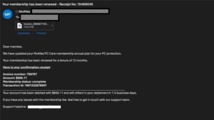 Abbildung PhishingMail die den Namen von McAfee missbraucht und ein abgelaufenes Abonnement suggeriert