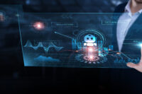 Chatbots: AI technology, conversational interfaces, natural language processing, user engagement, service efficiency Businessman analyzing chatbots progress chart on digital interface