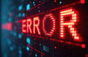 Red error sign glitch effect against binary code Digital tech concept, computer failure, system crash, software malfunction Cyber security alert message, IT crisis, data loss, system error