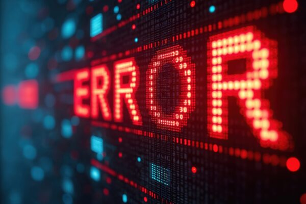 Red error sign glitch effect against binary code Digital tech concept, computer failure, system crash, software malfunction Cyber security alert message, IT crisis, data loss, system error