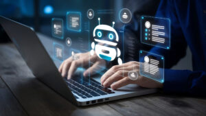 Chatbot conversation assistant Person using online customer service with chat bot to get support Artificial intelligence and CRM software technology, customer support center, CONTACT US