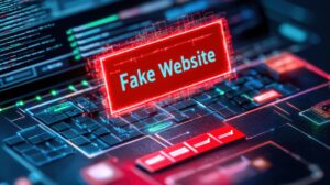 A glowing red "Fake Website" warning appearing over a browser window, distorted login fields and glitch effects, symbolizing phishing and online fraud