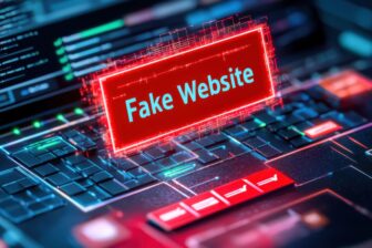 A glowing red "Fake Website" warning appearing over a browser window, distorted login fields and glitch effects, symbolizing phishing and online fraud