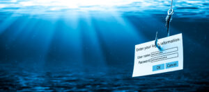 Login Information Attached To Large Hook Under Water With Sunlight Phishing Concept