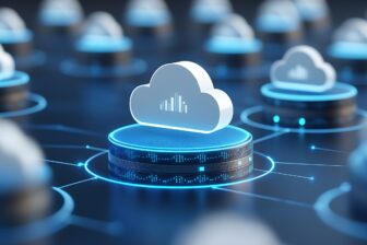 Digital Cloud Computing Network with Data Visualization Elements on Blue Background