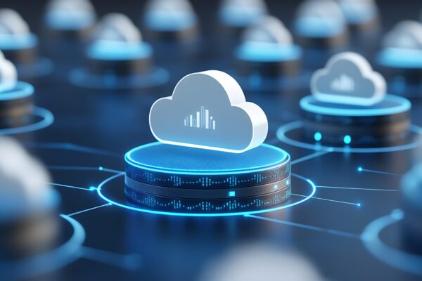 Digital Cloud Computing Network with Data Visualization Elements on Blue Background