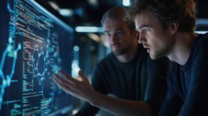 Software developers analyzing code and graph on computer screen in office at night