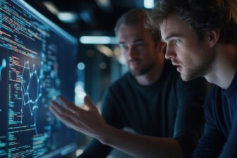 Software developers analyzing code and graph on computer screen in office at night