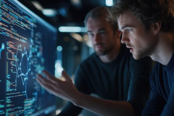 Software developers analyzing code and graph on computer screen in office at night