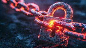 Breaking free a glowing padlock shattering red ransomware chains digital security virtual environment close up view