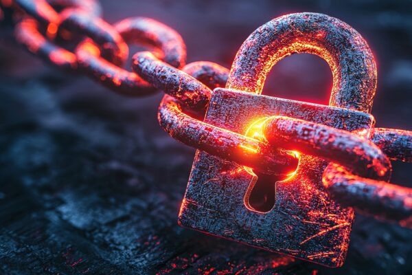 Breaking free a glowing padlock shattering red ransomware chains digital security virtual environment close up view