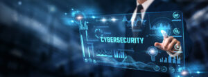 Cybersecurity: Businessman analyzing digital screen of graph data and threat detection, data encryption, network security, risk assessment, and vulnerability management