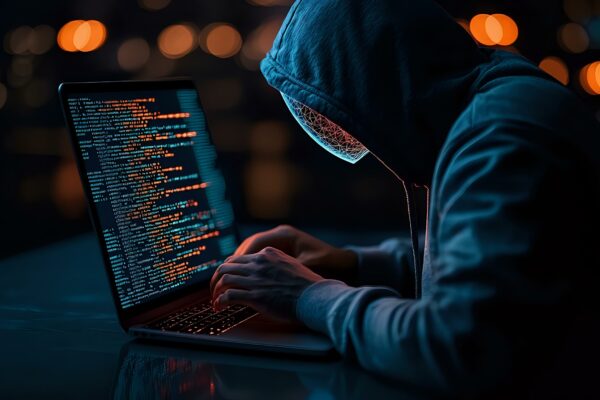 Hooded figure typing code on laptop in dark room with orange bokeh lights, representing cybersecurity threat, hacking or cybercrime concept